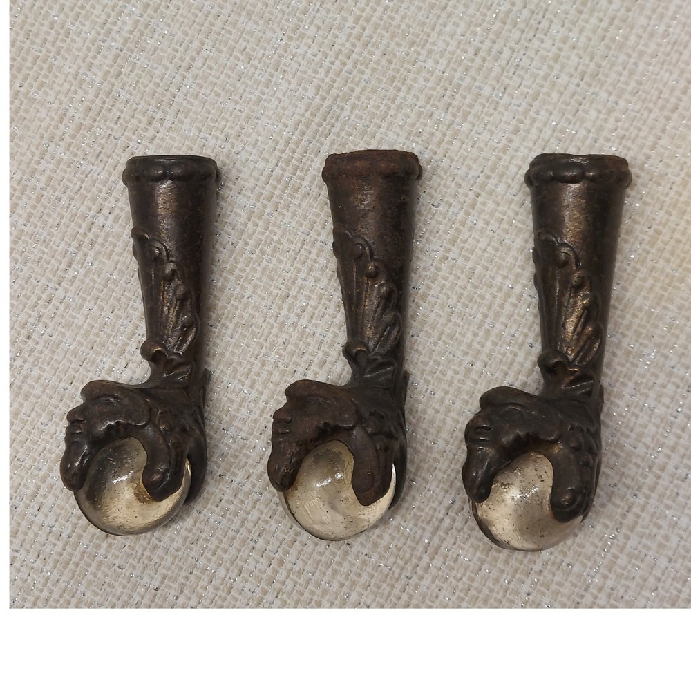 Set of 3 Antique Cast Iron Claw with Face and Glass Ball Feet 4" Victorian
